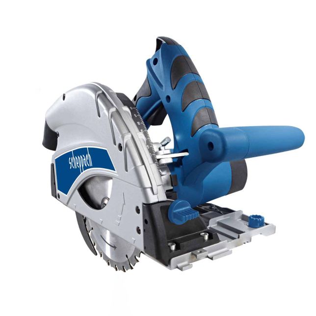Scheppach plunge saw with blue and silver surface. Ideal for precise cuts in wood and other materials.